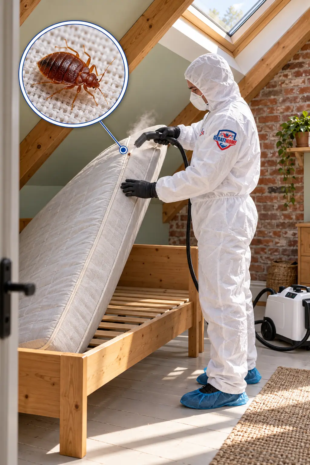 Technicien Deratihome traitant un matelas à la vapeur contre les punaises de lit
