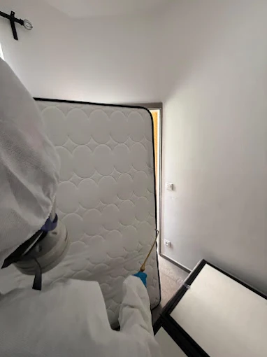 Technicien Deratihome pulvérisant un matelas redressé contre le mur