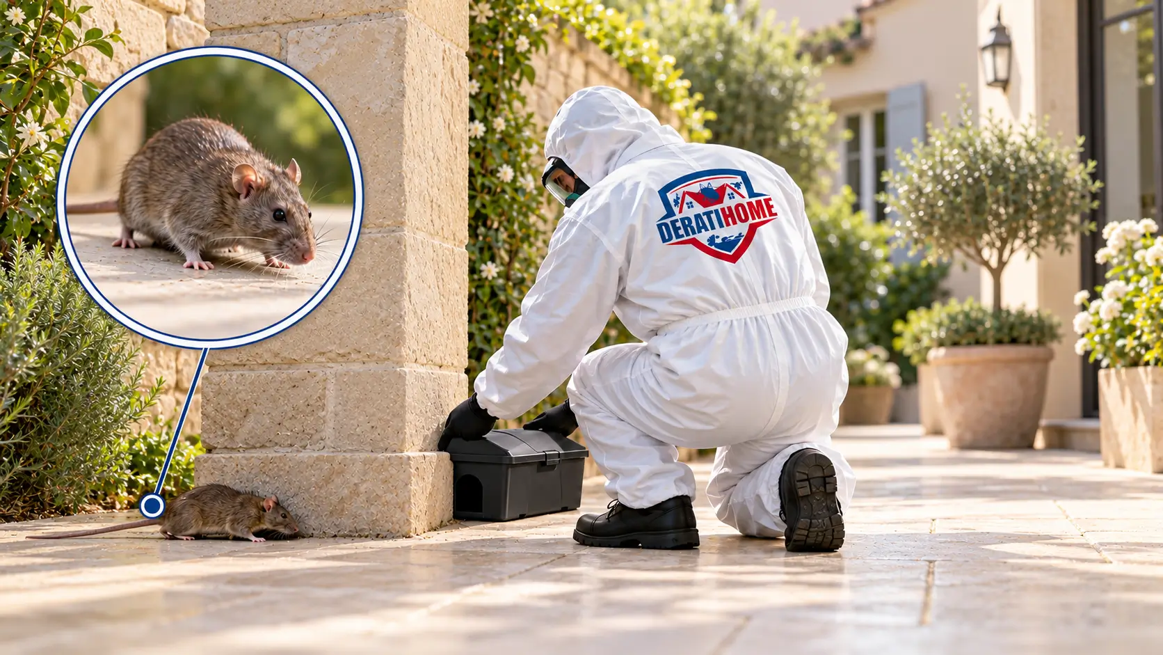 Rat au pied d’un mur, près d’une boîte d’appâtage posée par un technicien Deratihome