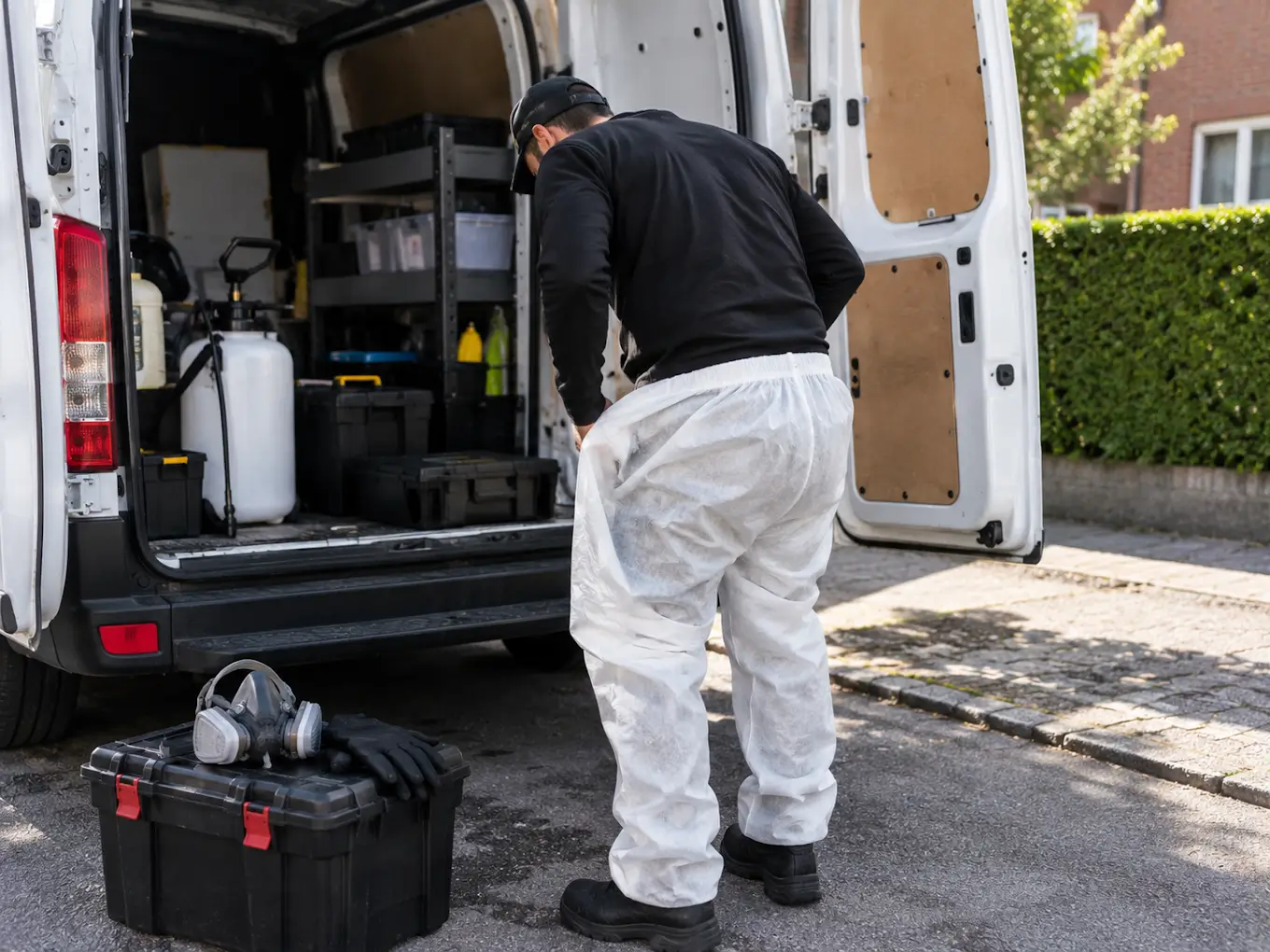 Technicien enfilant sa combinaison de protection à l’arrière de sa camionnette, masque et gants posés sur une caisse