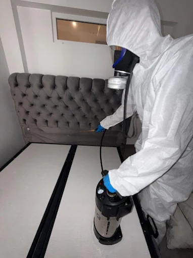 Technicien Deratihome pulvérisant un traitement sur le sommier d’un lit capitonné
