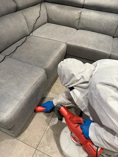 Technicien Deratihome traitant le dessous d’un canapé d’angle