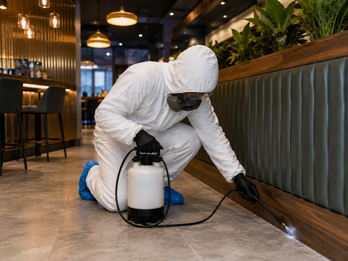 Technicien Deratihome en combinaison traitant le bas d’une banquette dans un restaurant