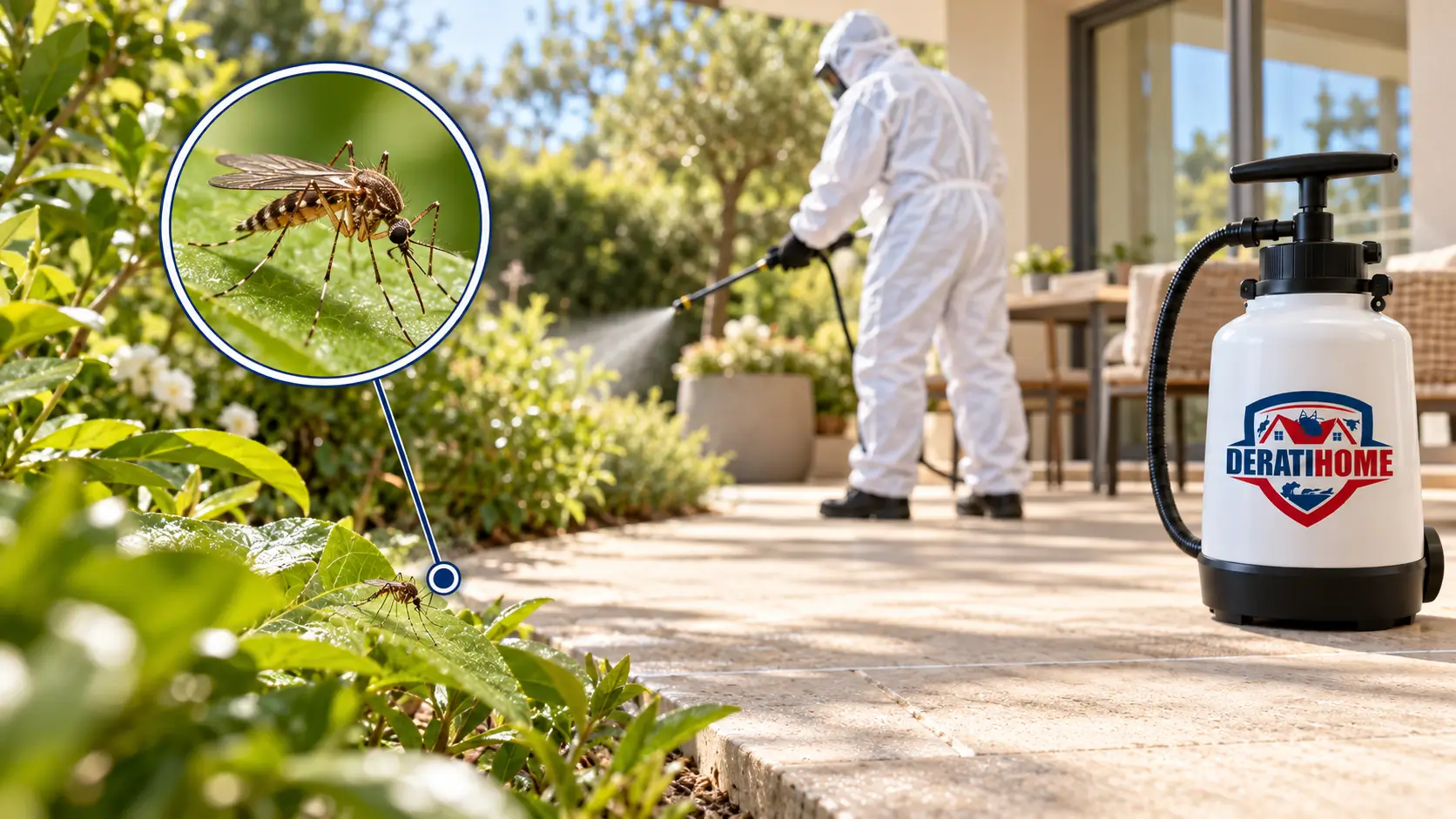 Technicien Deratihome pulvérisant un traitement contre les moustiques dans un jardin